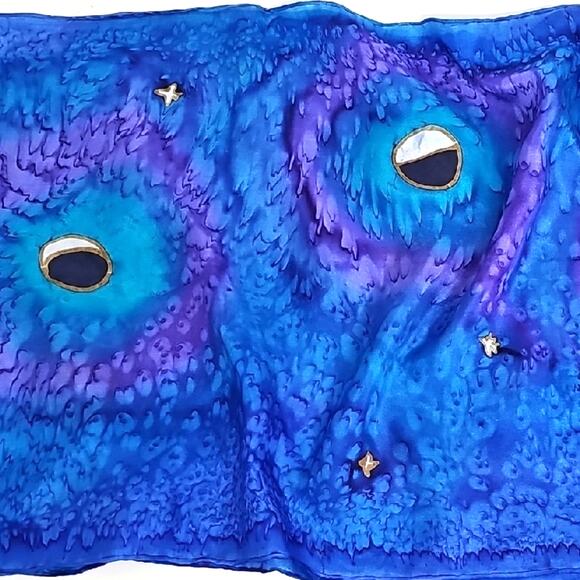Signed Vibrant Blue Purple Gold White Silk Neck Scarf Gorgeous Floral Design - Picture 7 of 10